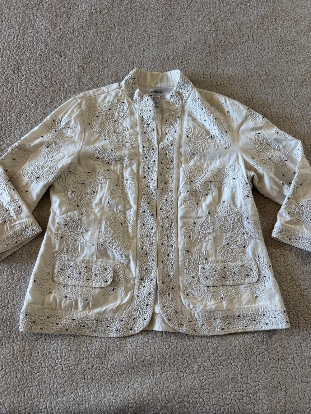 Chico's Ivory Embroidered & Beaded Open-Front Jacket Size 2